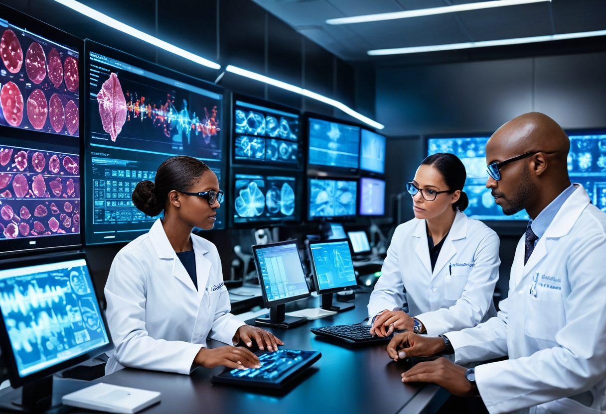 A futuristic laboratory scene showing scientists of diverse backgrounds collaborating on cutting-edge cancer research. Include high-tech equipment, glowing screens displaying genetic sequences, and transparent displays of healthy cells being compared with cancerous ones. Bright, optimistic colors to symbolize hope and innovation in healthcare. super-realistic. vibrant colors. dynamic composition.