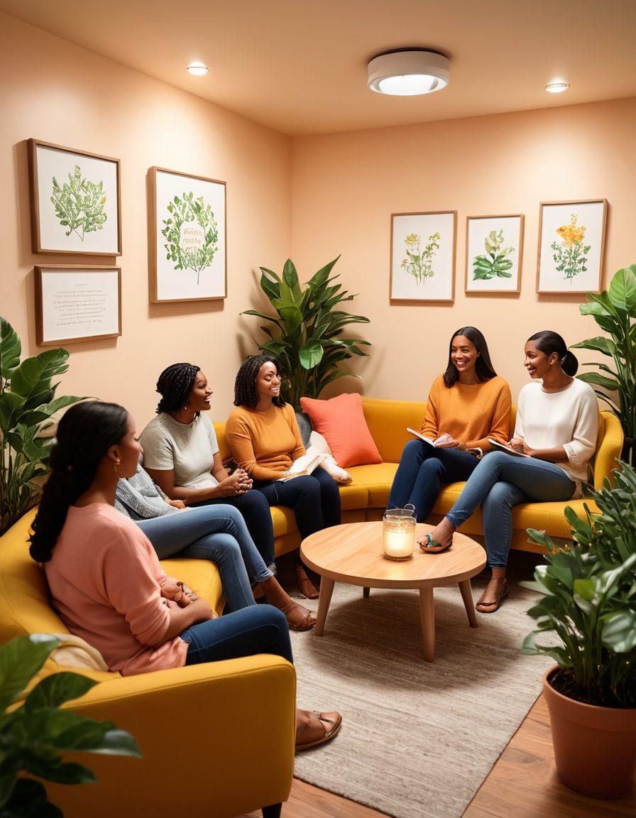 A warm and inviting illustration of a diverse group of people gathered in a cozy support group setting, sharing stories and experiences related to cancer support. Include soft lighting, comfortable seating, and motivational quotes on the wall, creating a sense of community and hope. Personal touches like plants and comforting decor that symbolize growth and resilience. The atmosphere should feel inclusive and uplifting. vibrant colors. super-realistic.
