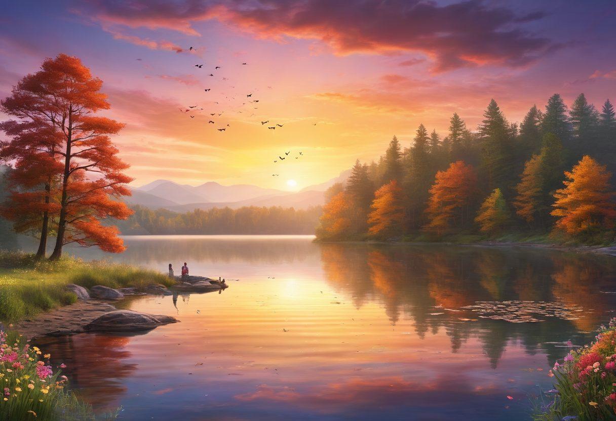 A serene landscape featuring a glowing sunrise over a tranquil lake, symbolizing hope and recovery. Integrate elements representing wellness, such as budding flowers, gentle waves, and butterflies fluttering around. Include silhouettes of diverse people coming together, sharing supportive gestures and embracing one another. The atmosphere should exude warmth and positivity, reinforcing the theme of empowerment in oncology and cancer support. vibrant colors. super-realistic.